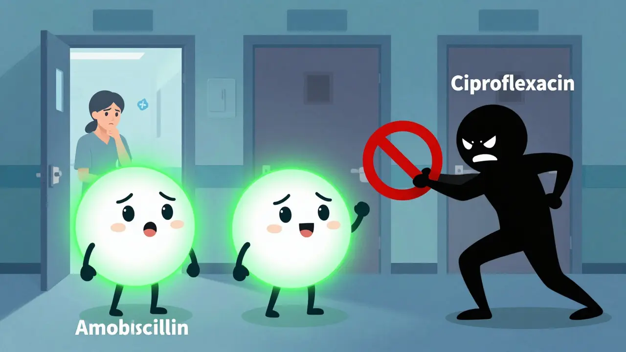 Three safe antibiotics glowing beside a patient, while ciprofloxacin is barred by a large red 'NO' symbol.