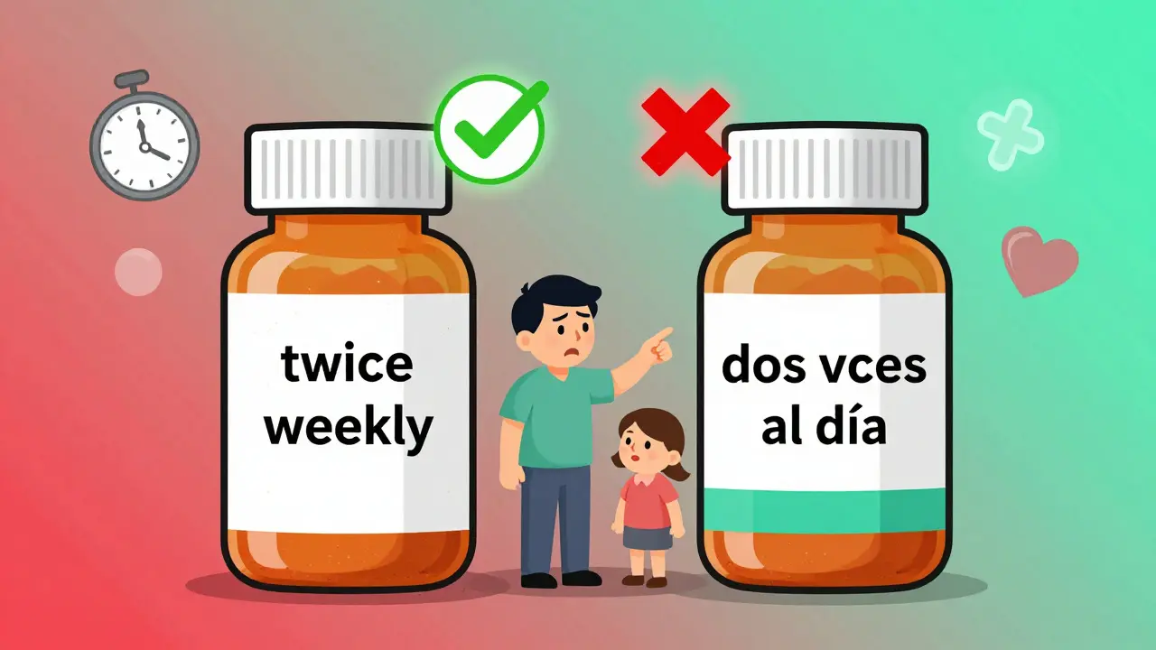 Two pill bottles side by side: one with a mistranslated 'twice weekly' label, the other correctly labeled 'twice daily' with visual checkmarks and Xs.