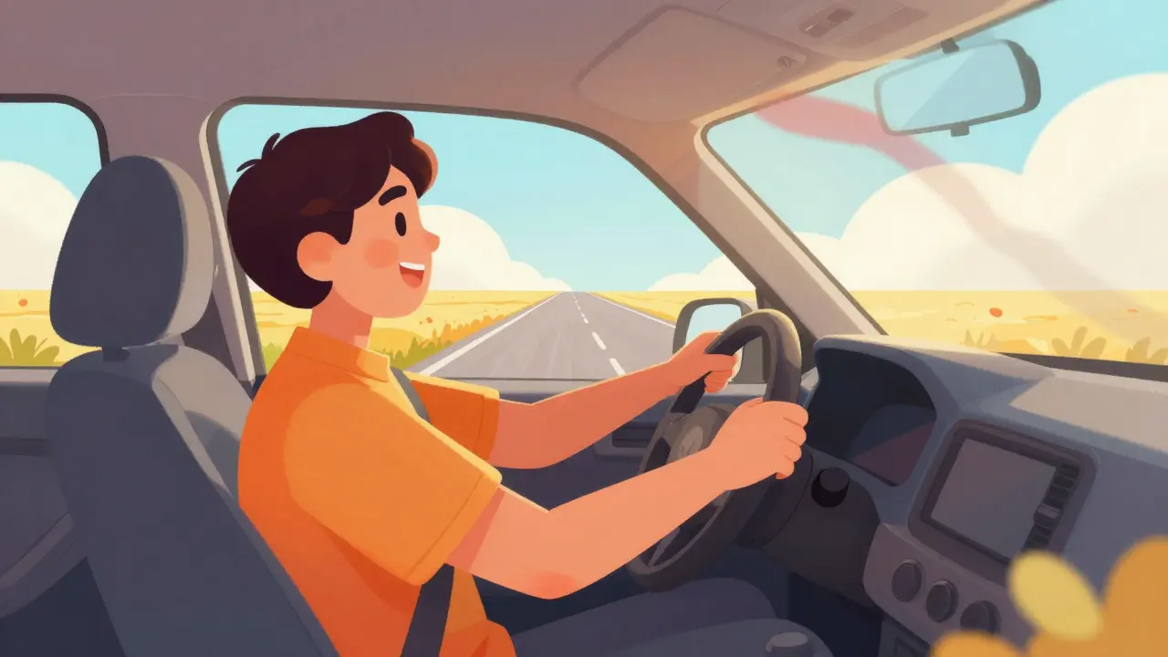 A person happily driving a car, symbolizing independence and recovery after surgery.