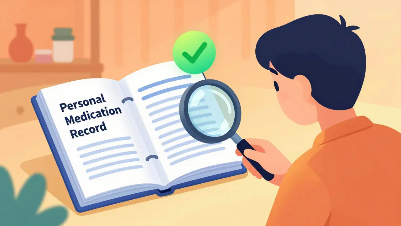 A person using a magnifying glass to compare a medication label with a personal record.