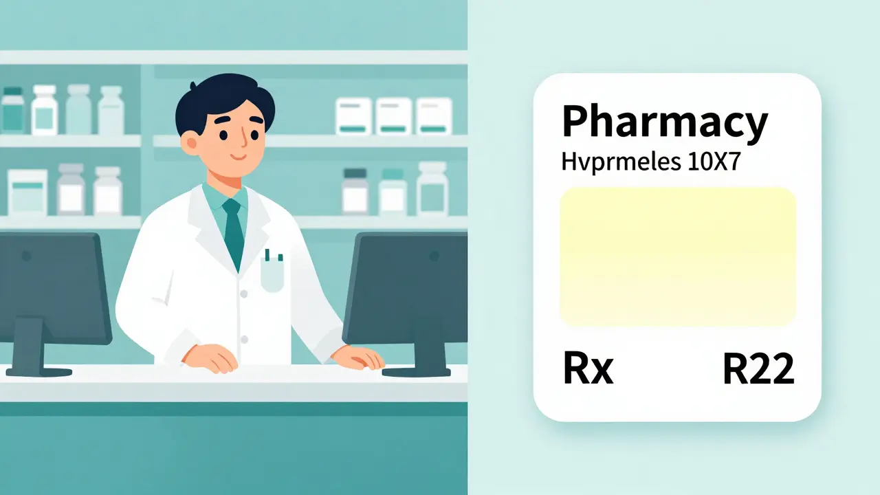 A pharmacist at a counter next to a highlighted medication label with RX details.