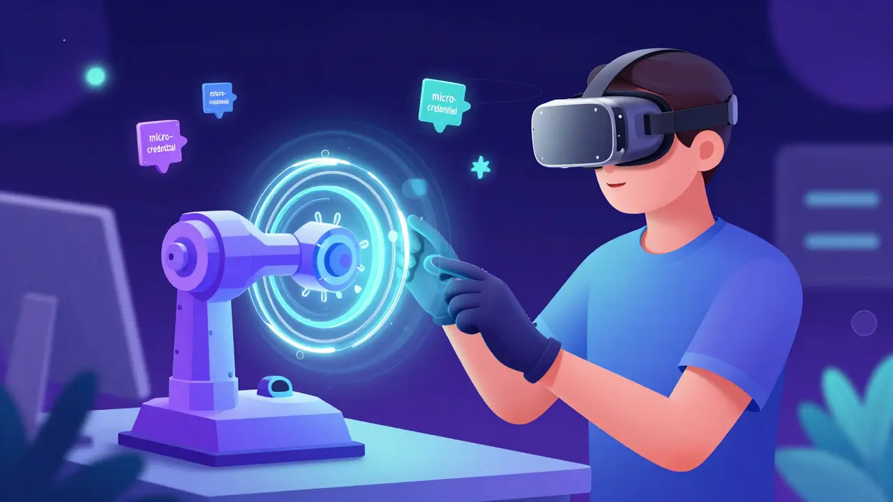 A worker using VR and holograms to earn stackable micro-credentials in a factory.