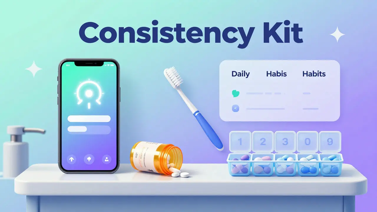 Collection of tools for medication consistency, including a phone alarm, upside-down bottle, and pill organizer.