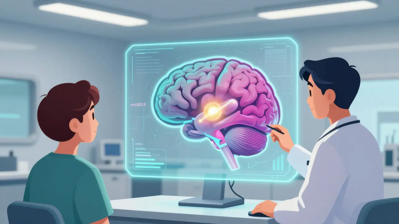 Doctor and patient examining a holographic brain with a highlighted seizure focus.