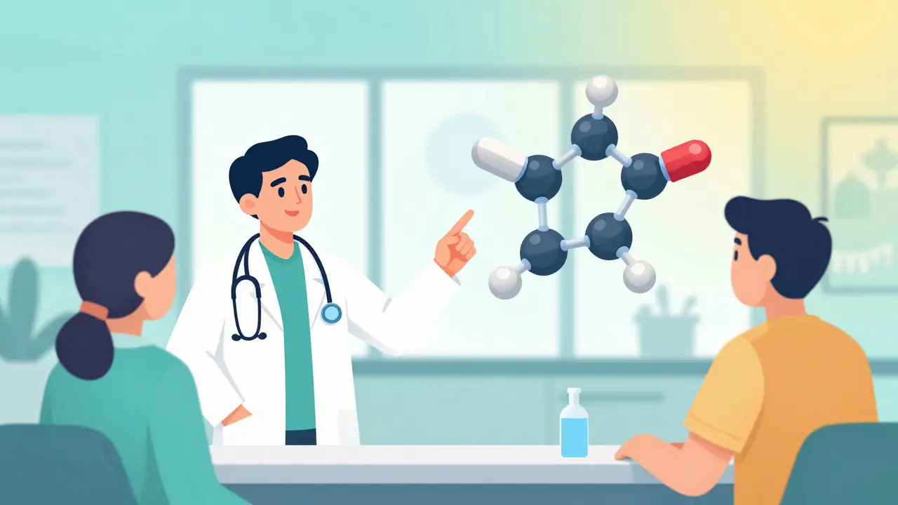 Doctor explaining the identical molecular structure of brand-name and generic drugs to a patient