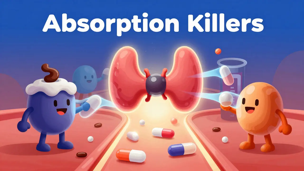 Illustration of coffee and supplements acting as barriers to thyroid medication absorption.