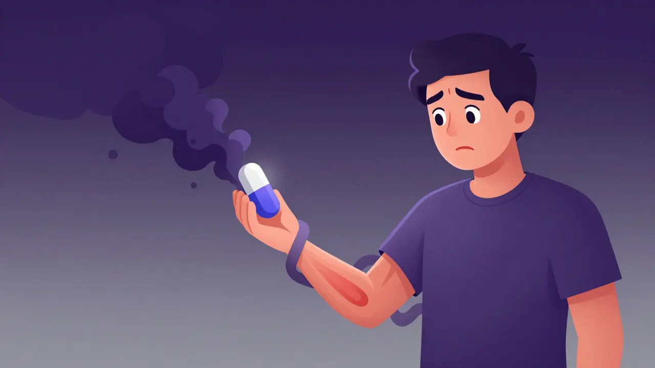 Person experiencing the nocebo effect with purple mist symbolizing imagined pain from a generic pill
