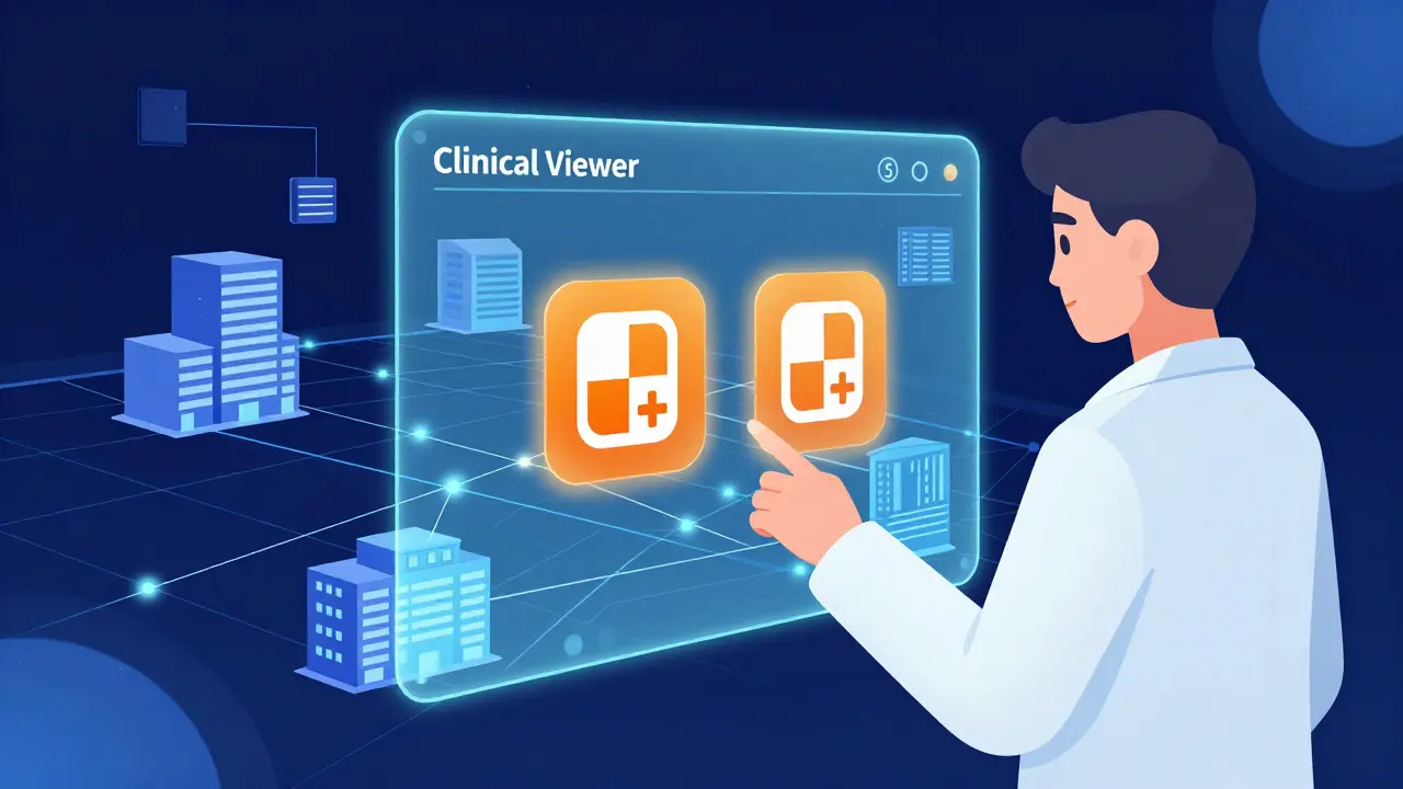 Pharmacist using a digital clinical viewer to identify duplicate prescriptions across different pharmacies