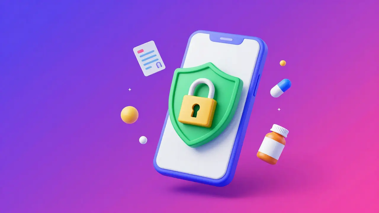Secure online pharmacy interface on a smartphone with a shield and padlock icon