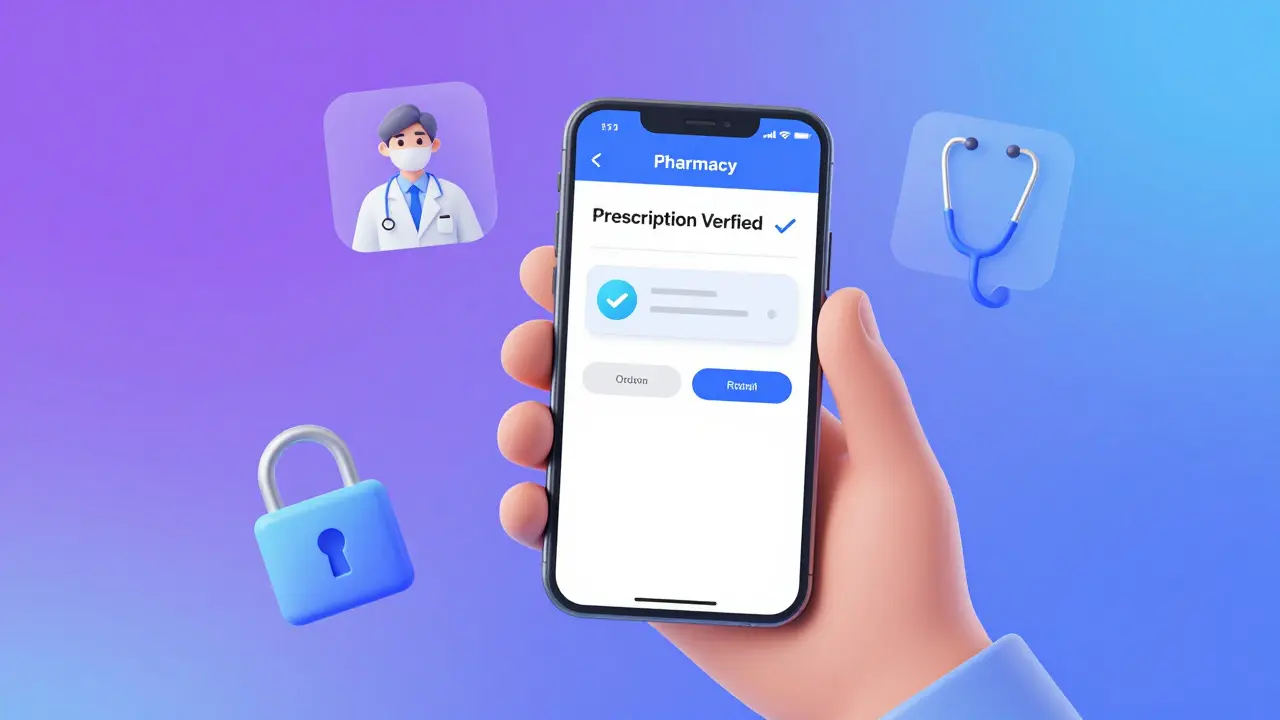 Smartphone showing a verified prescription on a secure online pharmacy app.