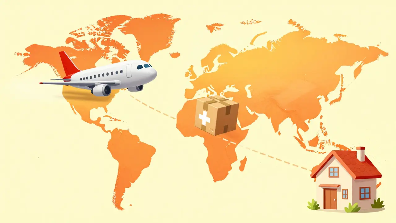 Stylized world map showing the international shipping of medication parcels