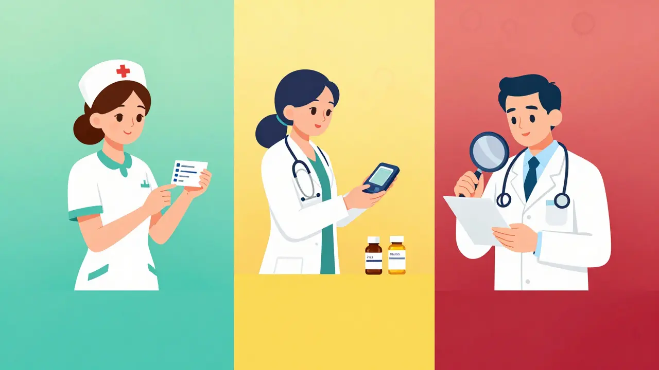 Three medical professionals reviewing medications categorized by low, moderate, and high risk levels
