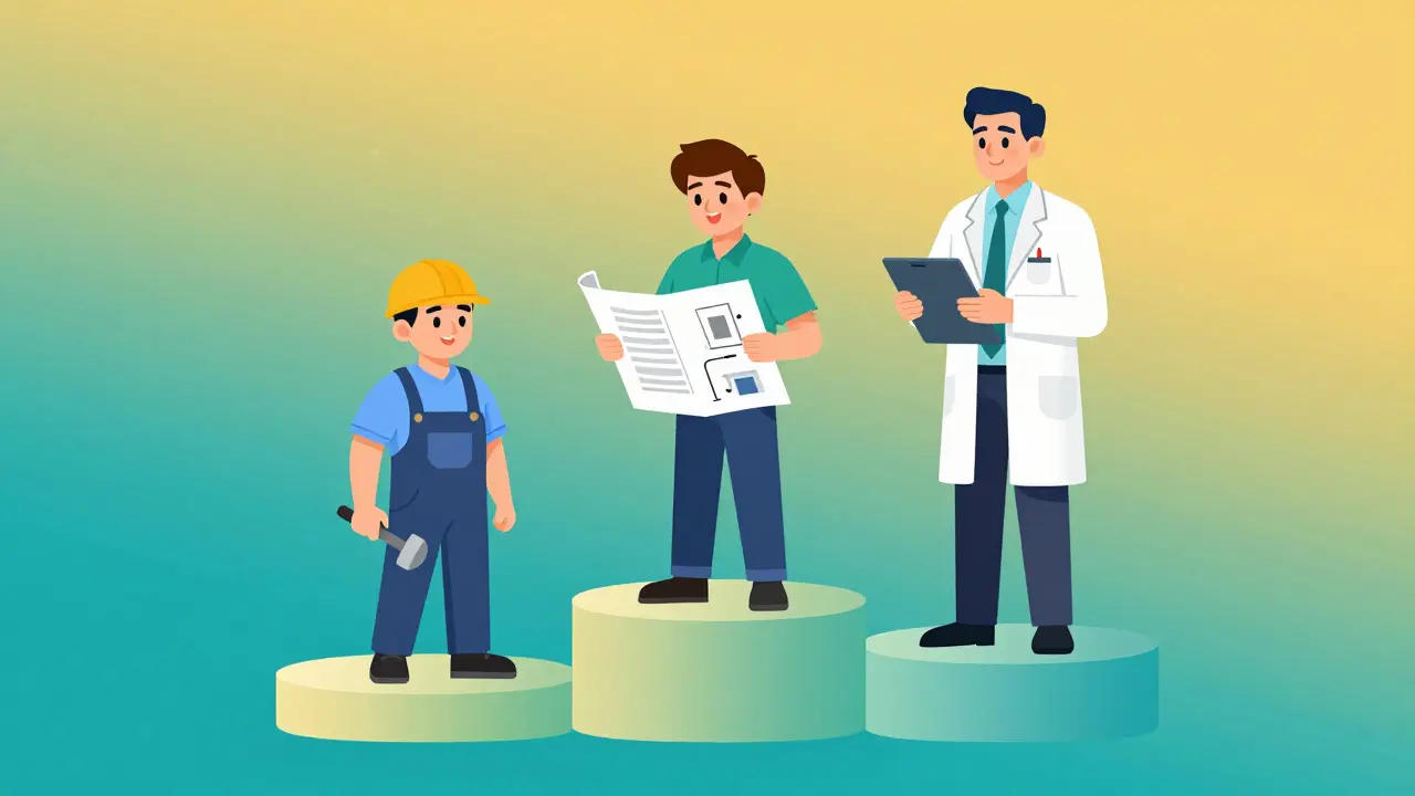 Three workers on stepped platforms representing different levels of manufacturing qualifications.